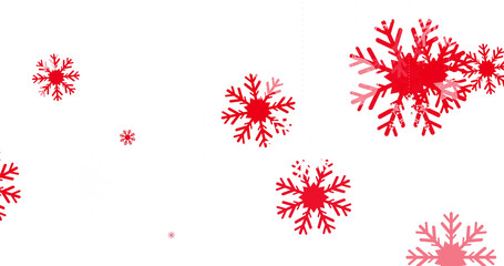 Digital image of multiple red snowflakes icons falling against white background