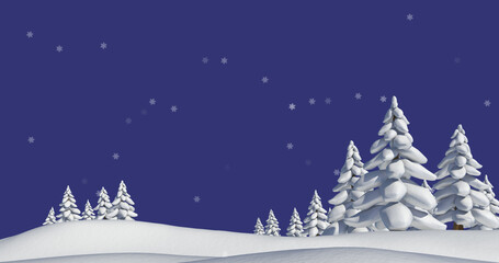 Multiple stars falling over trees on winter landscape against blue background