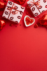Valentine's Day concept. Top view vertical photo of heart shaped balloons gift boxes in wrapping paper with kiss lips pattern saucer with candies and confetti on isolated red background with copyspace