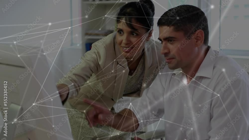 Poster animation of network of connections with data processing over business people