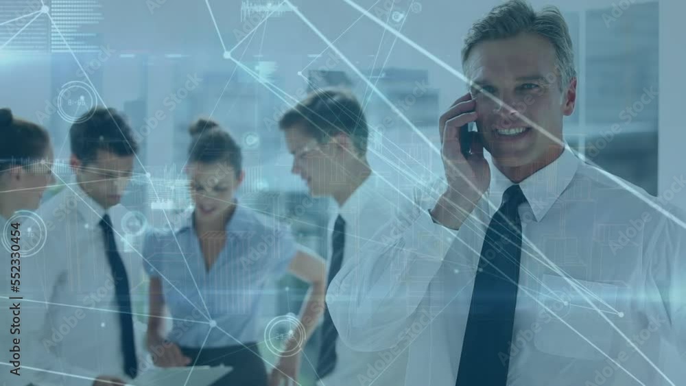 Poster animation of network of connections with data processing over business people