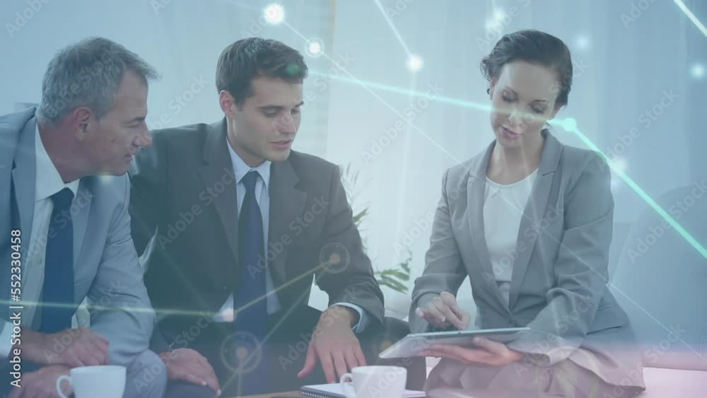 Poster animation of network of connections with data processing over business people