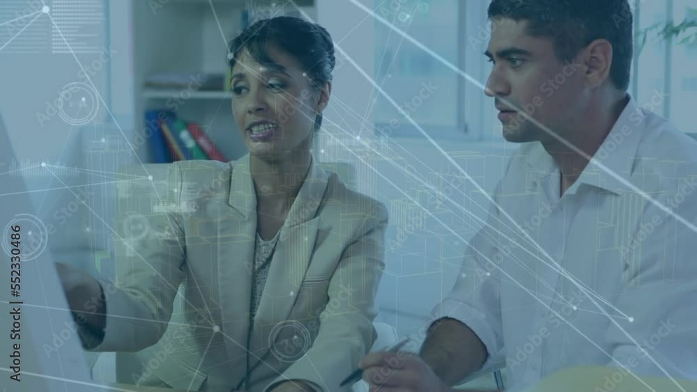 Poster animation of network of connections with data processing over business people