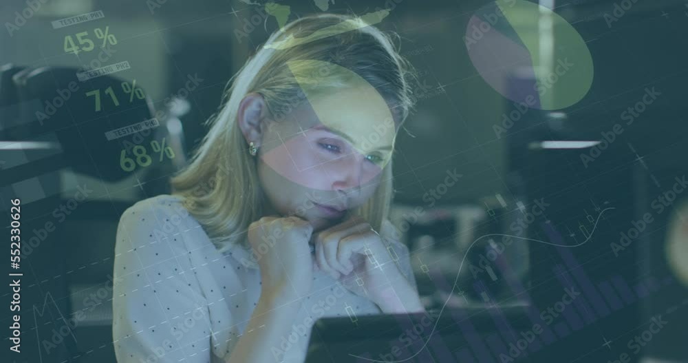 Poster animation of statistical data processing over thoughtful caucasian woman looking at computer screen