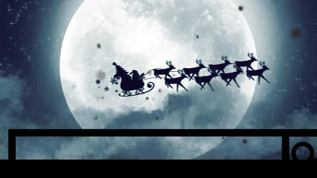 The silhouette of santa claus and his reindeer flying in front of a full moon is a popular christmas