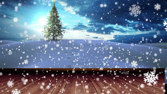 A digital animation of a snowfalling christmas tree in a snowy landscape