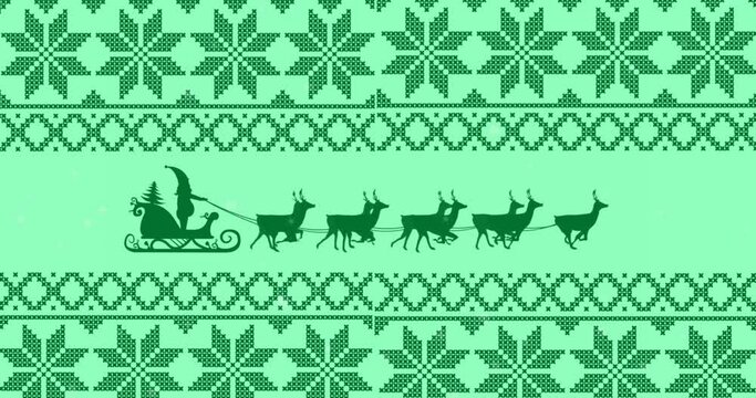 Animation of christmas pattern and santa claus in sleigh with reindeer on green background