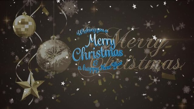 Animation of christmas season's greetings text and baubles, snow falling over winter scenery