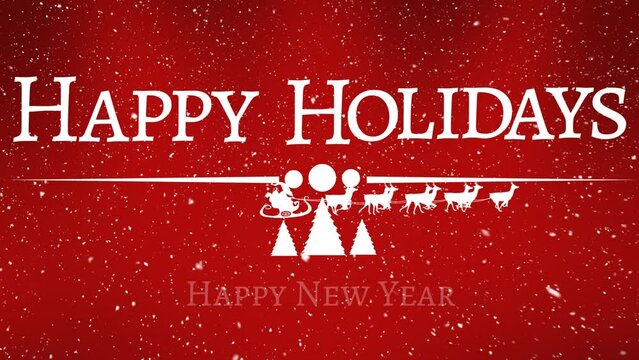 Animation of snow over happy holidays text and santa claus in sleigh on red background