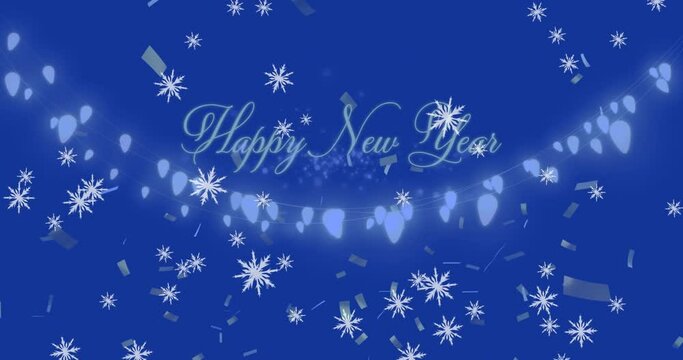 The animation shows a happy new year message with glowing fairy lights and gold confetti falling