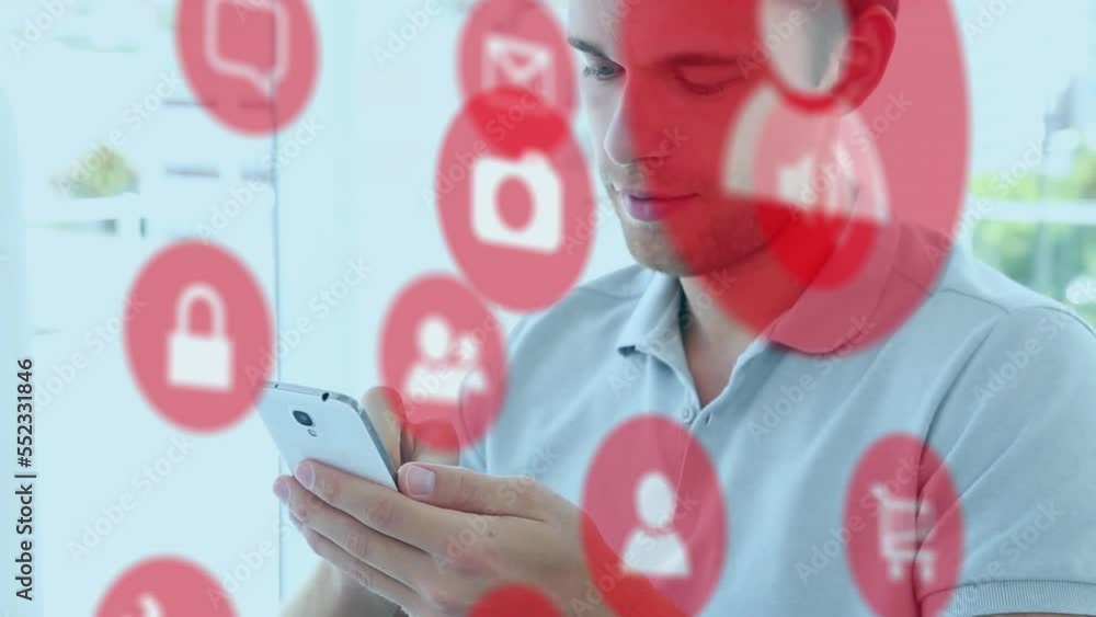 Poster animation of network of connections with icons over caucasian businessman using smartphone