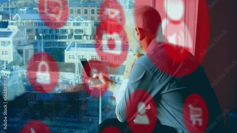 Poster animation of network of connections with icons over businessman using smartphone