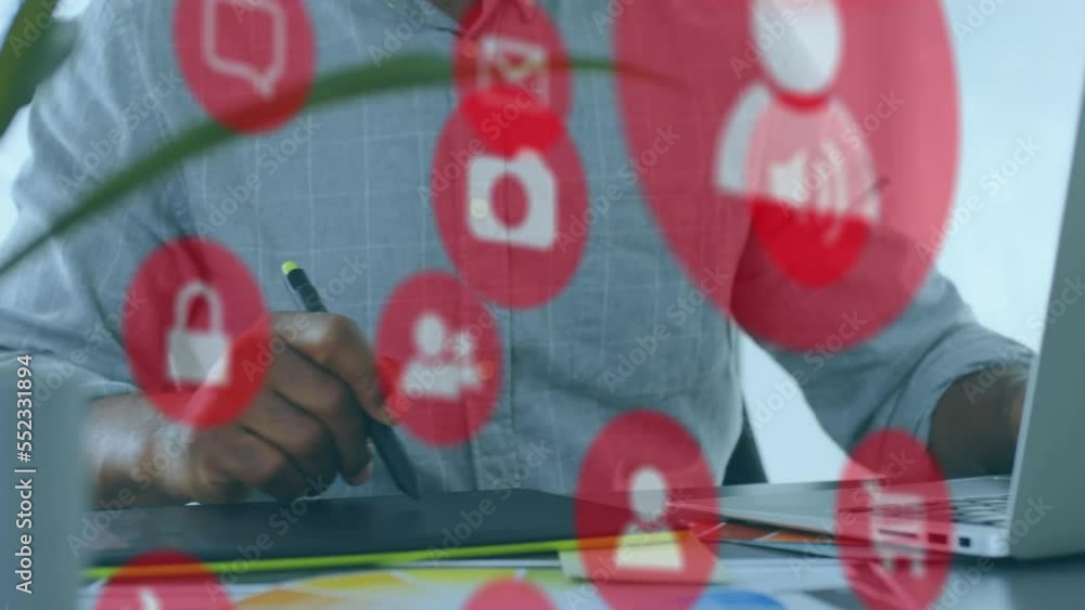 Poster animation of network of connections with icons over businessman using graphic tablet