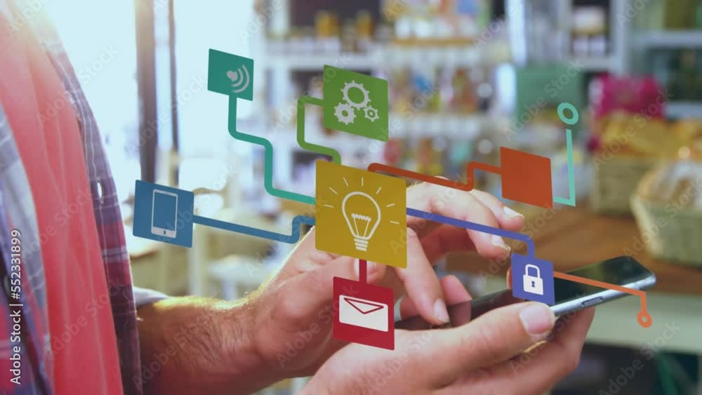 Poster animation of network of connections with icons over businessman using smartphone