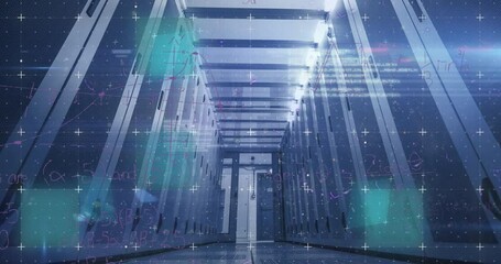Animation of glitch effect over mathematical equations and data processing over computer server room - Powered by Adobe