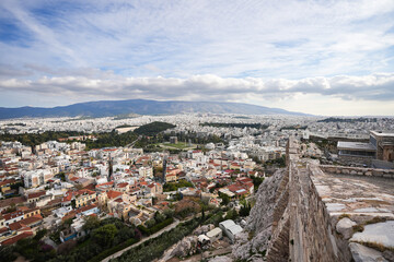 Athens from above. Detail aerial view of the ancient city center of Athens from Acropole during a sunny day in Greece.