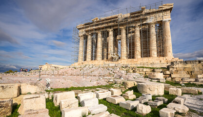 Acropolis Hill. Wide angle view of this iconic landmark from Athens, Greece, the Acropole old fortress during a sunny day.