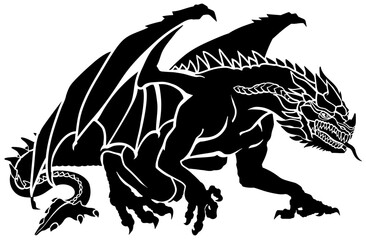 Western Dragon. Black silhouette. Classic European mythological creature with bat-type wings. Sitting pose. Graphic style isolated vector illustration