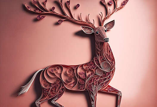 Christmas reindeer paper quilling background. Paper cutout festive design. generative ai