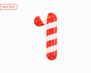 Number 1. Number One sign white intertwined with red ribbon. 3d Numeral as Candy Cane in cartoon style. Realistic glossy object isolated on white background. 3D symbol icon vector illustration