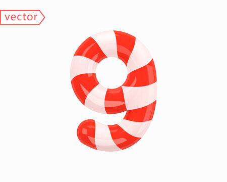 Number 9. Number Nine sign white intertwined with red ribbon. 3d Numeral as Candy Cane in cartoon style. Realistic glossy object isolated on white background. 3D symbol icon vector illustration