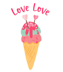 Illustration of ice cream in a pink and mint cone. Candy hearts with ice cream. Valentine's day card