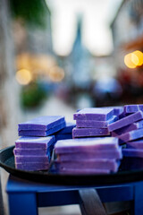 Olive & Lavender Soap From Hvar - stack of lavender soap on a table in Stari Grad on Hvar Island Croatia