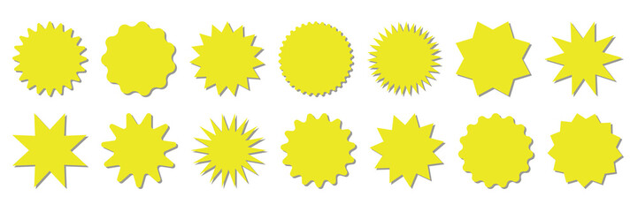 Starburst yellow sticker set - collection of special offer sale round shaped sunburst labels and badges isolated on white background. Circle stickers or buttons in form of star for promo advertising.