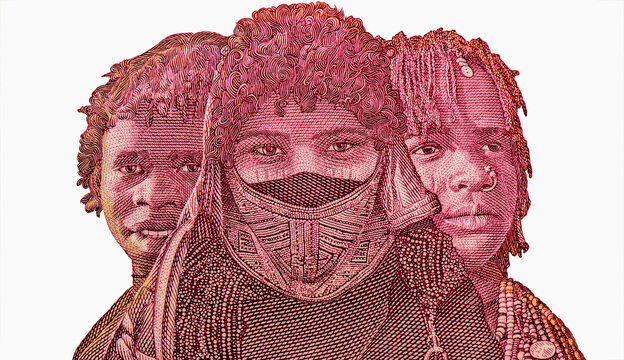 Triptych portrait of three young women of Eritrea's nine nationalities; flag raising, Portrait from Eritrea 50 Nakfa 2004 Banknotes.