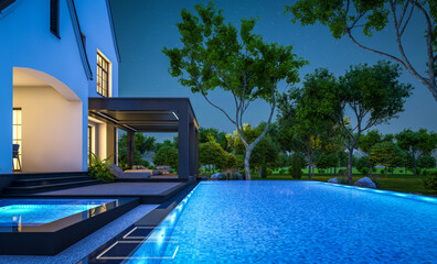 3d rendering of cute cozy white and black modern Tudor style house with parking  and pool for sale or rent with beautiful landscaping. Fairy roofs. Clear summer night with many stars on the sky.