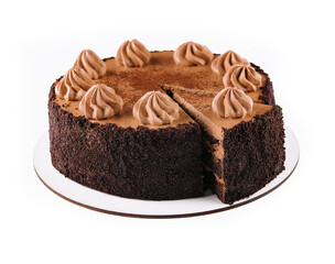 Chocolate Cake with Chocolate Fudge Drizzled Icing and Chocolate Curls isolated