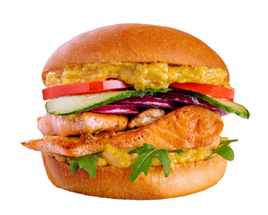 Tasty salmon fish burger isolated on white