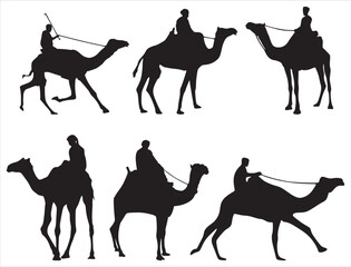 Vector set of silhouettes of single humped camels with riders, Bedouins. Shadows Large mammal animal. Ship of the desert, steppe.
