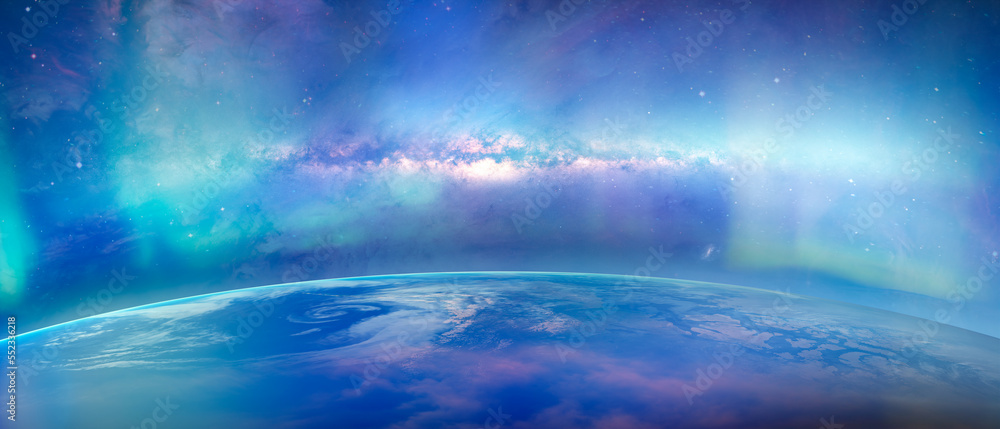 Aufkleber Planet Earth with Milky Way galaxy in the background - A beautiful green and blue aurora dancing over the world 