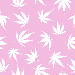 Seamless pattern of white hemp on a pink background.White hemp leaves on a pink background. Marijuana pattern.