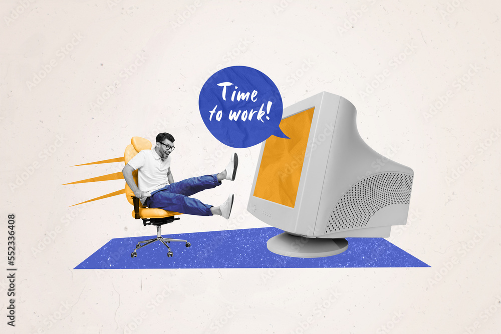 Poster creative abstract collage template graphics image of funky funny worker riding inside old screen iso