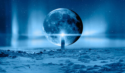 Night sky with super full moon in the clouds, on the foreground lighthouse 