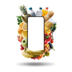 Online grocery shopping app and fresh groceries - obrazy, fototapety, plakaty