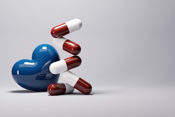 Red capsules and a heart on a light background. Treatment, medical and pharmaceutical concept. Treating sick people, taking care of patients. 3D render, 3D illustration.