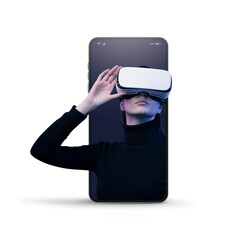 Woman in a smartphone experiencing immersive virtual reality