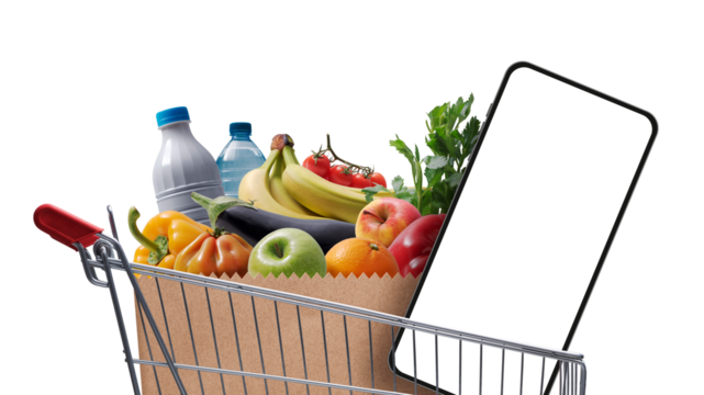 Full shopping cart and smartphone