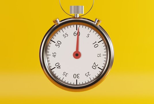 Stopwatch isolated on yellow background. The concept of time passing, doing something on time. Countdown to the end of the challenge. Classic stopwatch with pointers. 3D render, 3D illustration.