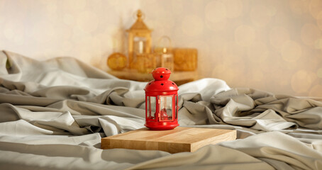 Christmas compositions with free space, drapery, wooden board