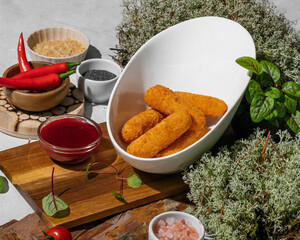 Plate with cheese mozzarella sticks, closeup with strawberry sauce
