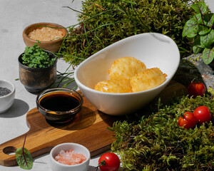 Cheese crockets with sauce on beautiful natural background with sauce closeup