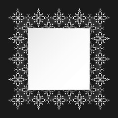 Vector paper cut square banner with copy space. Empty white paper sheet with lace underneath on black background. Volumetric, trendy design. Best for polygraphy, print and web.
