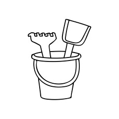 Bucket with shovel and rake toy object for small children to play. Bucket shovel and rake toy doodle illustration in vector. Baby bucket with shovel and rake hand drawn icon.