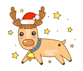 Cute cartoon deer in Santa hat with stars. Funny character for your winter design. 