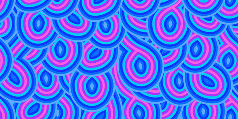 Abstract blue purple trippy psychedelic seamless pattern in 70s hippie style. Colorful vector retro weird background. Crazy psychodelic illustration. Hallucination wallpaper. Vintage party graphic