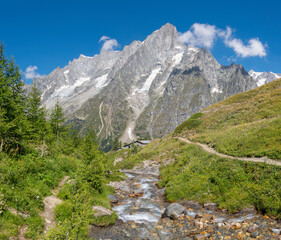 Fototapeta na wymiar The Grand Jorasses massif from Val Ferret valley in Italy - Trekking Mont Blank.